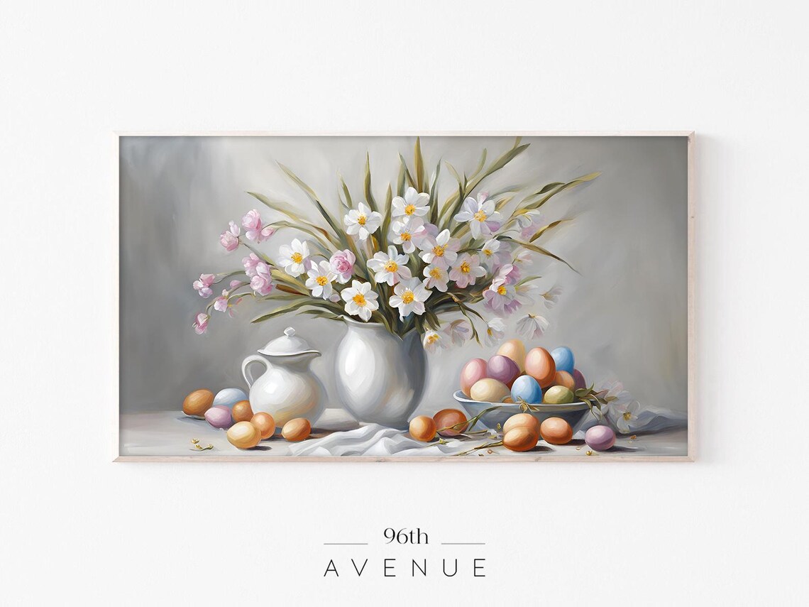 Easter Still Life Vase With Spring Flowers And Eggs Oil Painting Poster