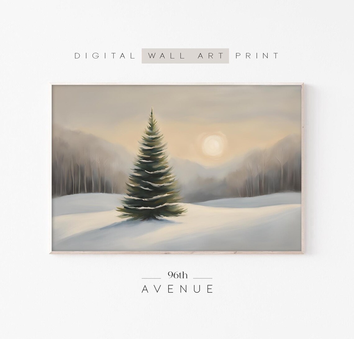 Lone Snow Covered Pine in Warm Winter Sunlight Painting Poster