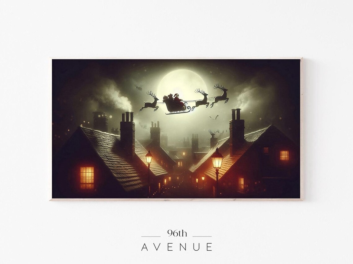 Santa Claus Sleigh Reindeer Flying Over Moonlit Village Poster