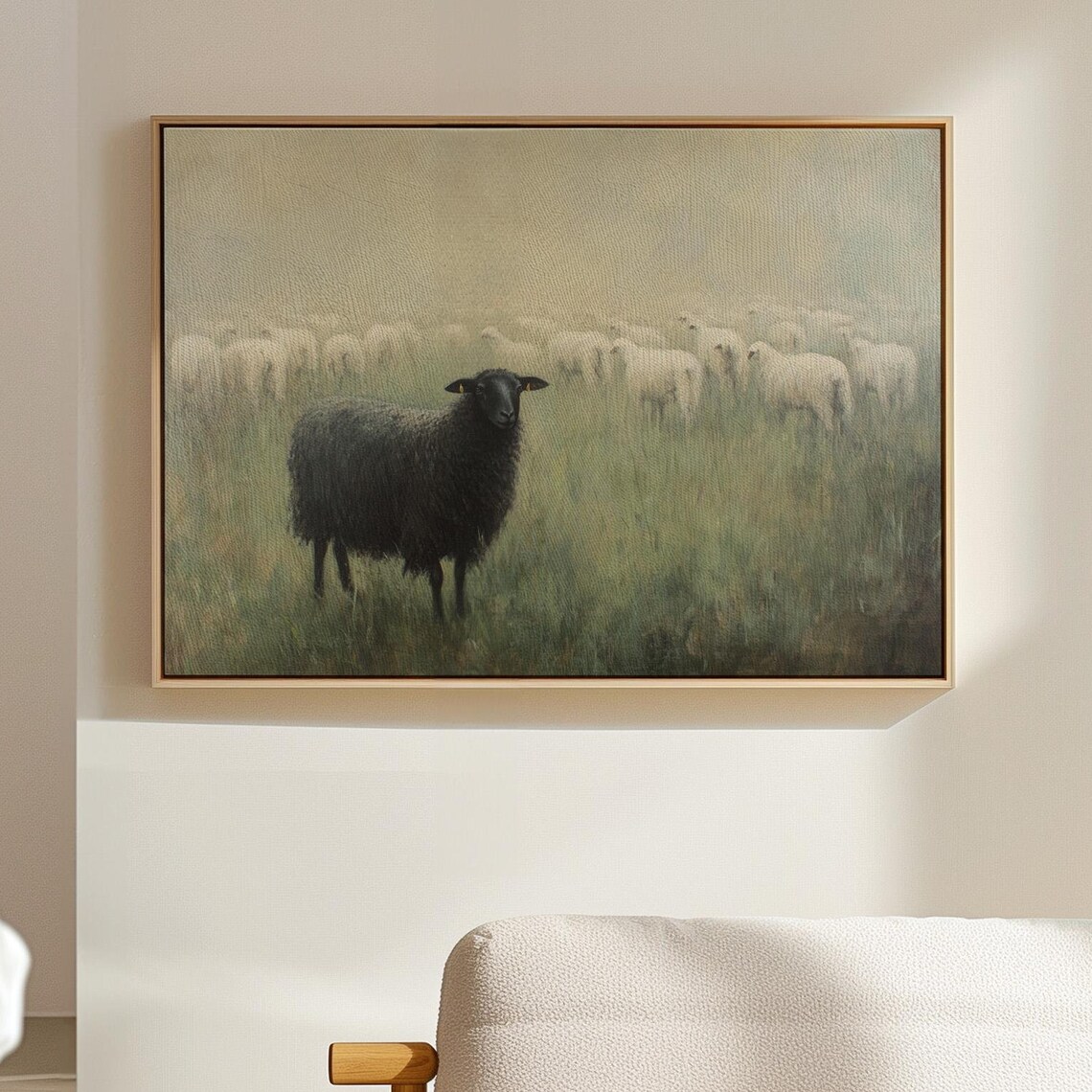 Black Sheep In Foggy Field, Modern Farmhouse Art Print
