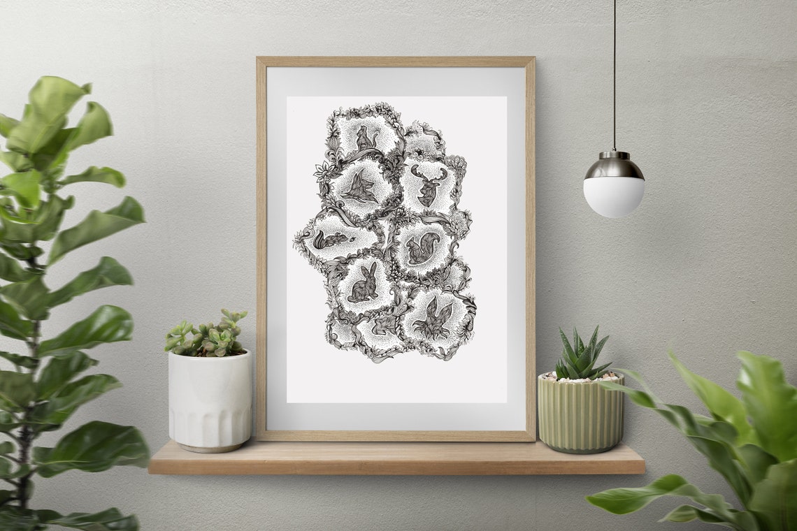 Forest Animals Leaf Frame Line Art Print Intricate Black White Drawing
