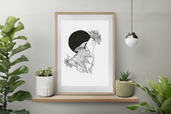 Night Howling Wolf Line Art Black And White Modern Surreal Intricate Home Wall Decor