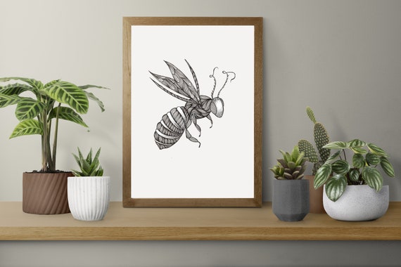 Flying Bee Line Art Black And White Modern Surreal Drawing Intricate Home Wall Decor