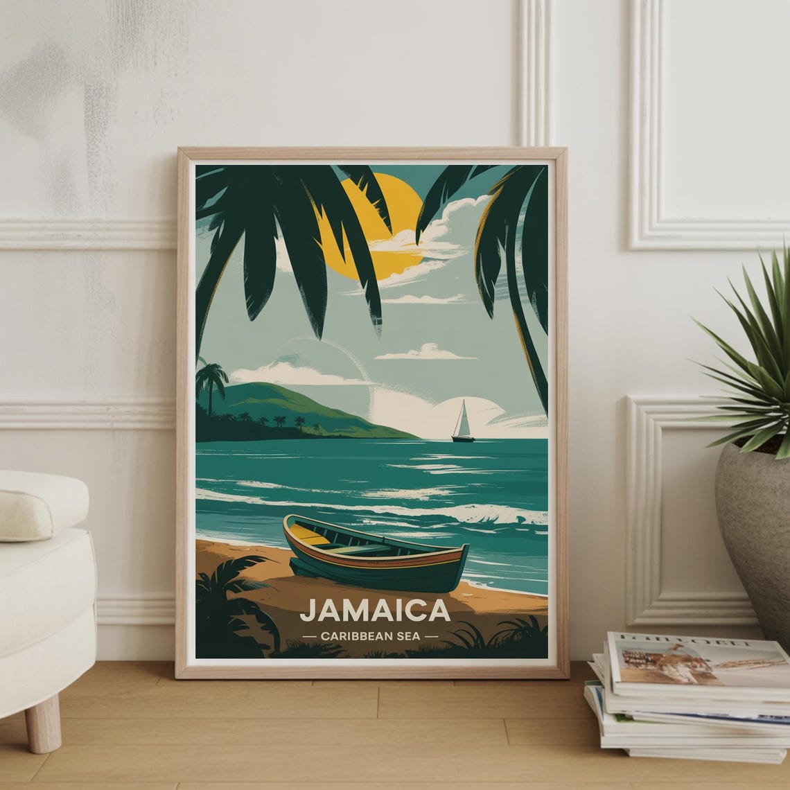 Jamaica Caribbean Sea Tropical Beach Palm Canoe Vintage Travel Poster