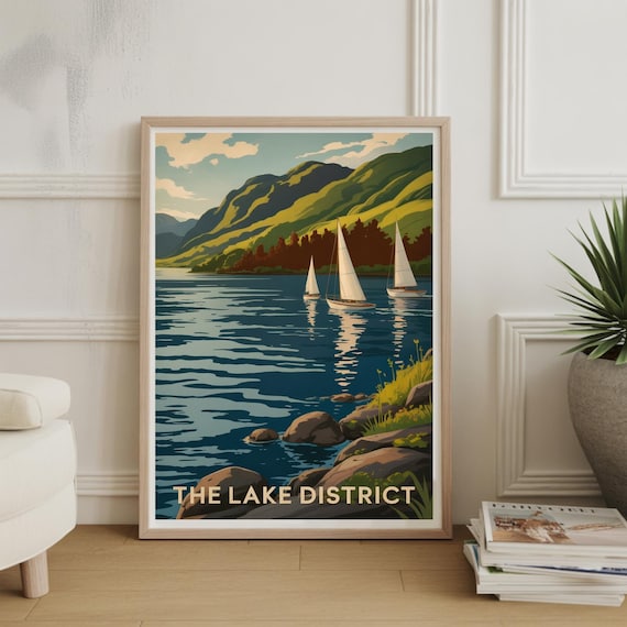 The Lake District Vintage Travel Poster Sailboats Mountain Art