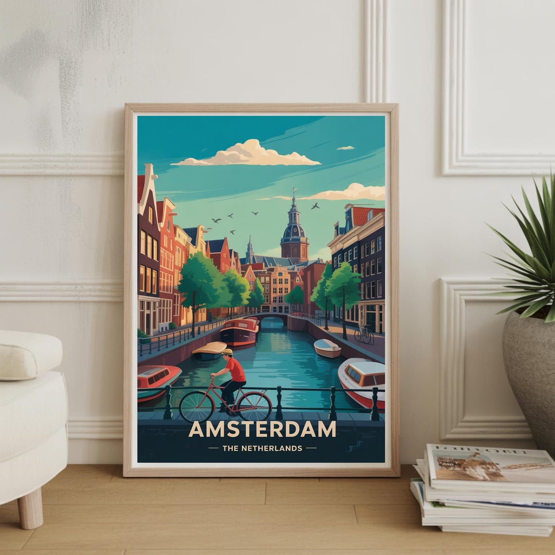 Amsterdam Netherlands Canal Gabled Houses Cyclist Travel Poster