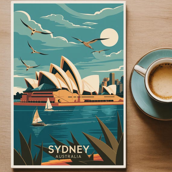 Sydney Skyline Travel Poster Australia Wall Art Unique Wedding Gift Birthday Present Home Decor