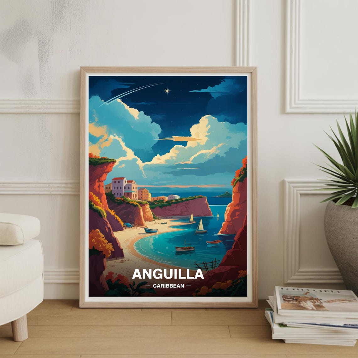 Anguilla Caribbean Tropical Cove Beach Night Sky Travel Poster