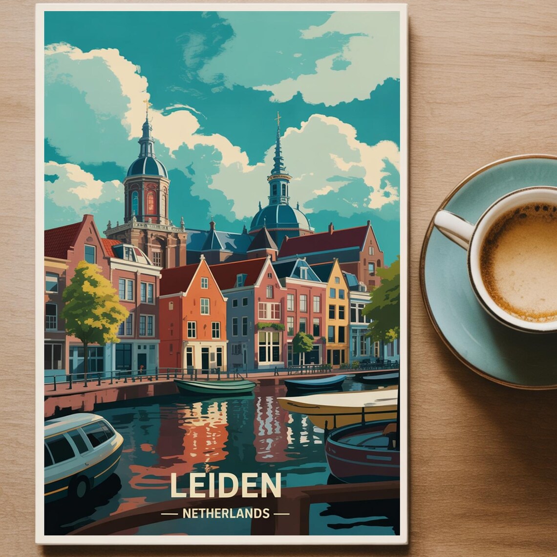 Leiden Netherlands Canal Houses Vintage Dutch Travel City Poster