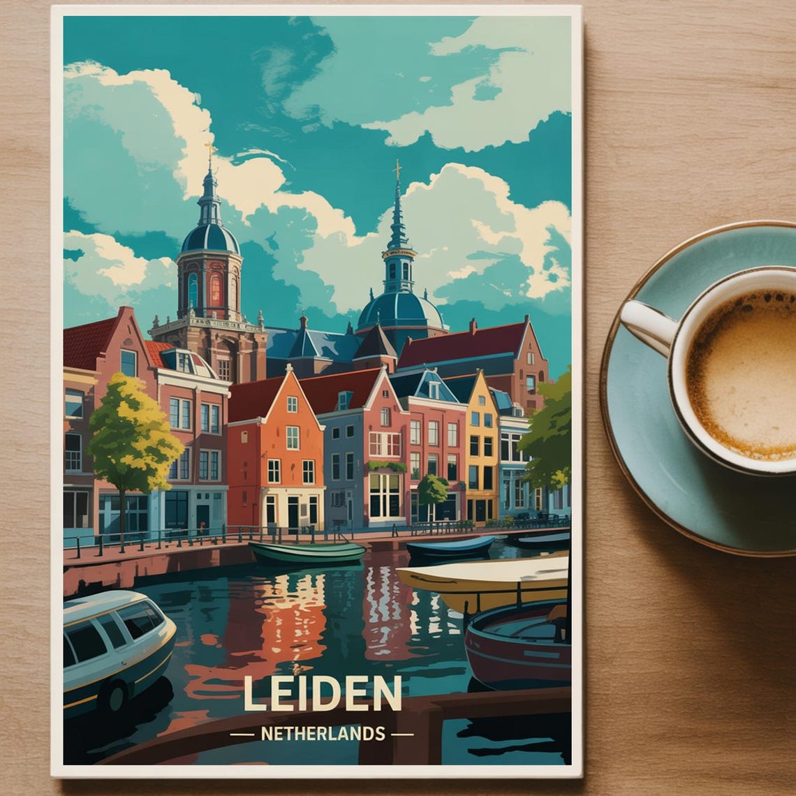 Netherlands Travel Poster Leiden Cityscape Art Dutch Landmarks Wall Decor Enthusiast Gift