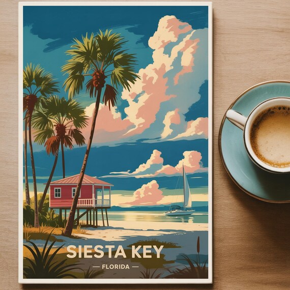 Siesta Key Florida Beach House Palms and Sailboat Vintage Travel Poster