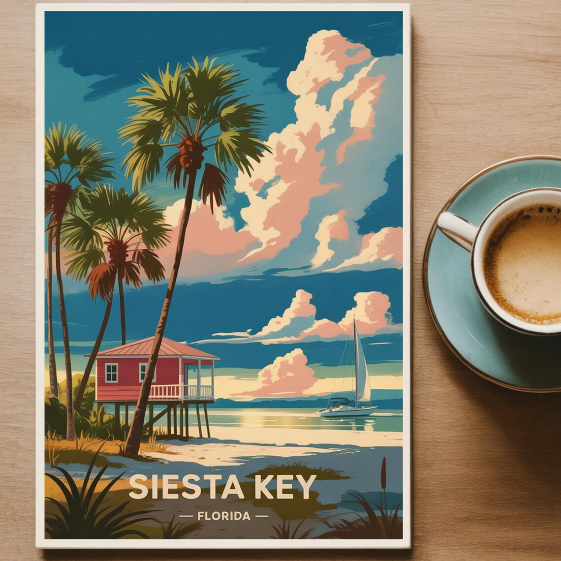 Siesta Key Florida Beach House Palms and Sailboat Vintage Travel Poster