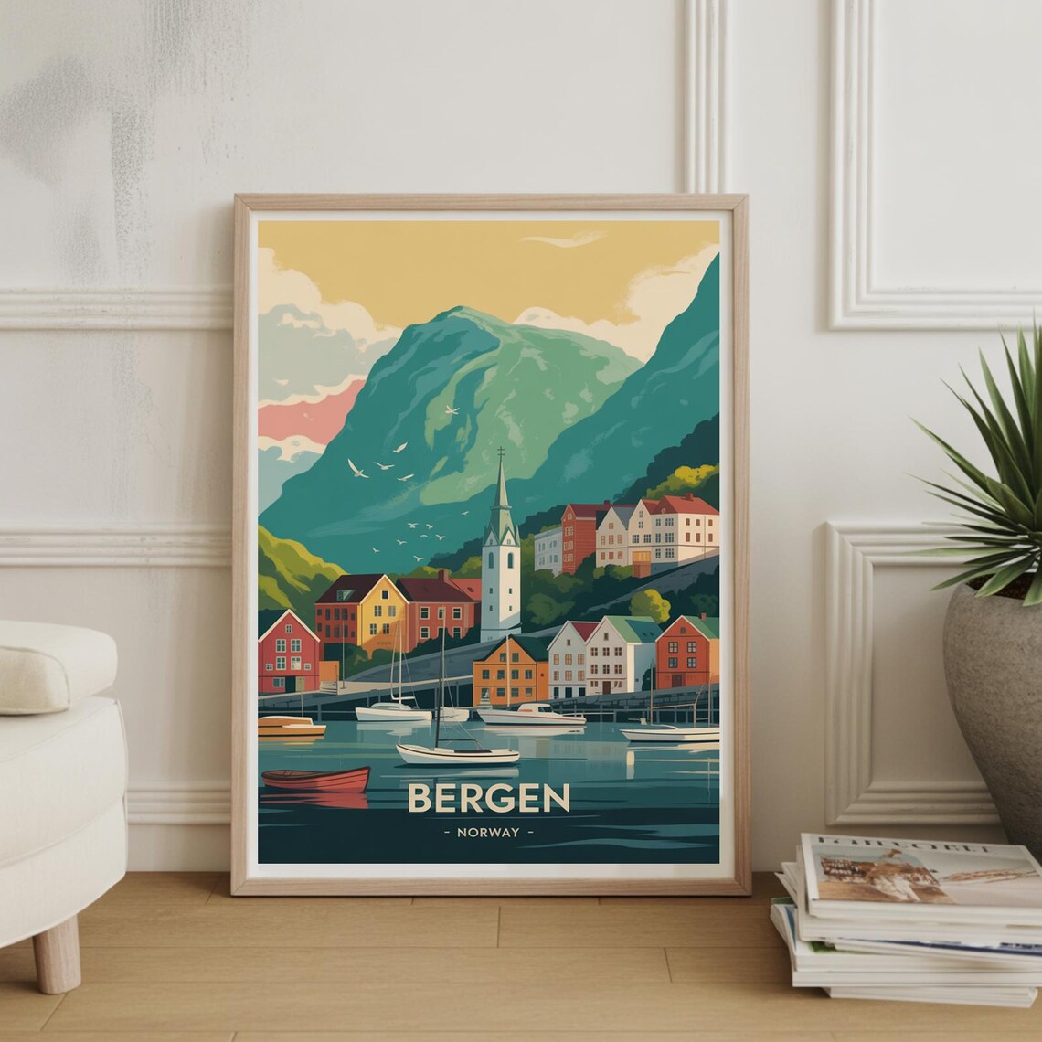Bergen Norway Harbor and Colorful Houses Fjord Travel Poster