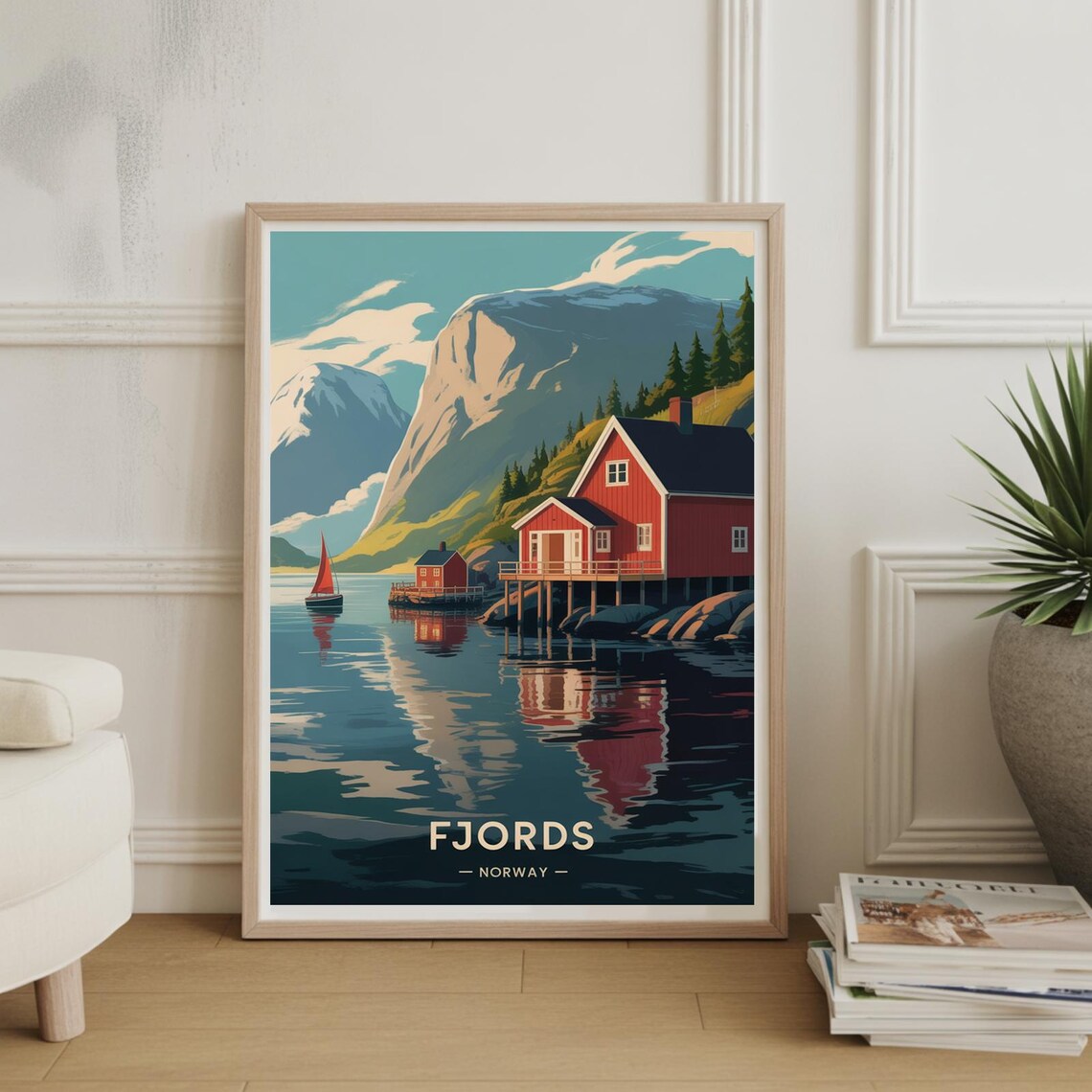 Norway Fjords Red Cabins Sailboat Mountain Fjord Travel Poster