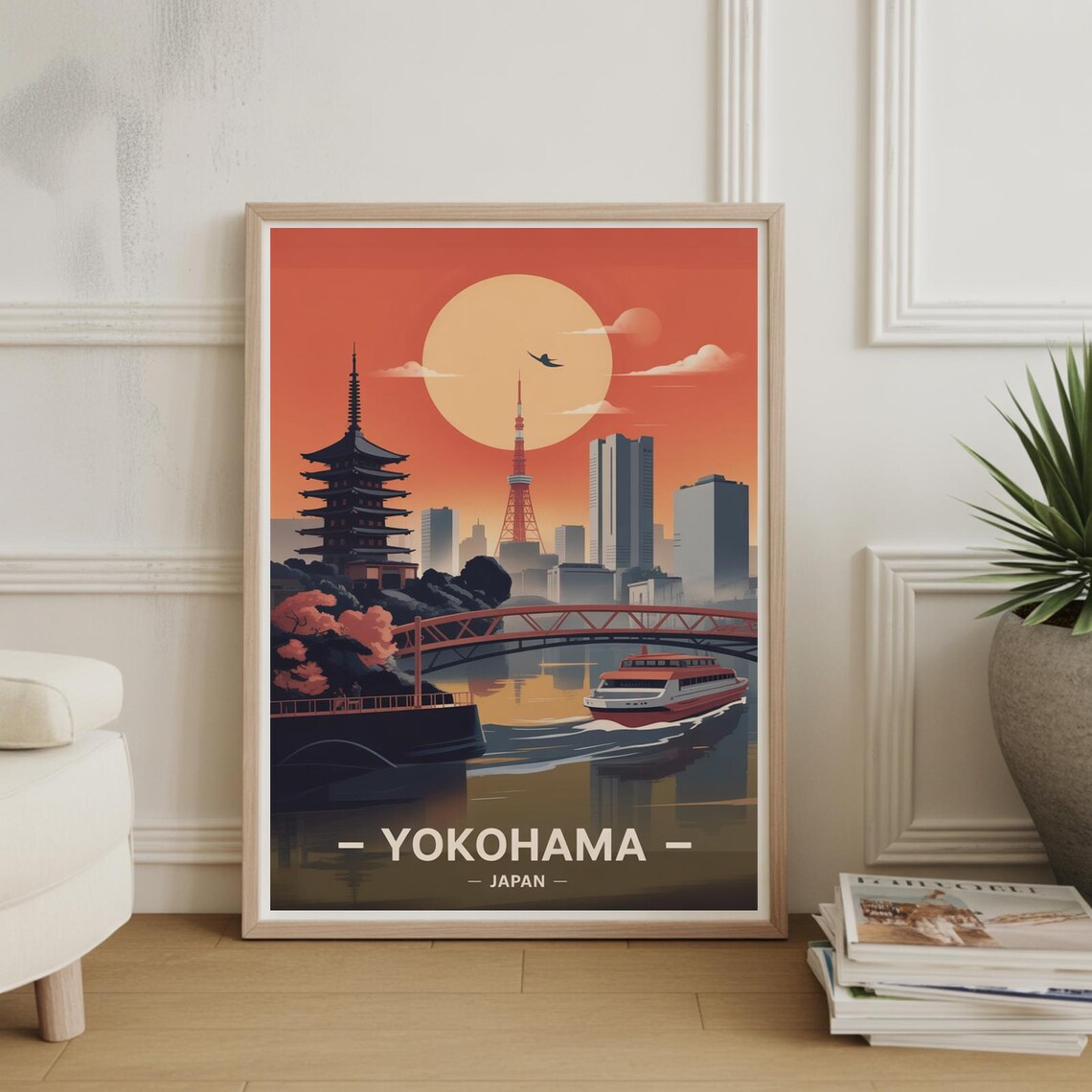 Yokohama Japan Harbor Sunset Pagoda And Bridge Travel Poster