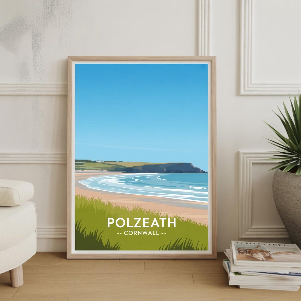 Polzeath Cornwall Surf Beach Travel Poster Curved Bay Cliffs Art