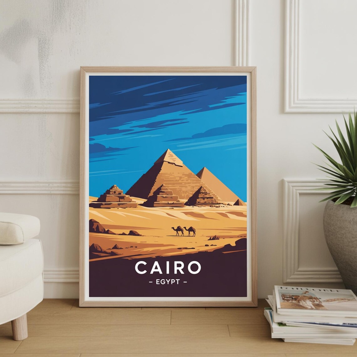 Cairo Egypt Pyramids of Giza with Camels Blue Sky Vintage Travel Poster