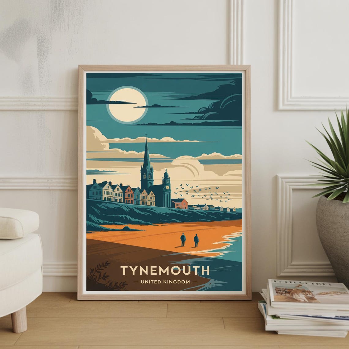 Tynemouth United Kingdom Moonlit Seaside Beach Vintage Travel Poster