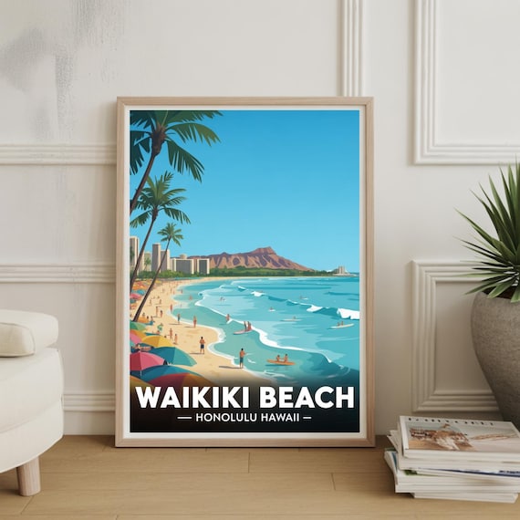 Waikiki Beach Honolulu Hawaii Diamond Head Retro Travel Poster