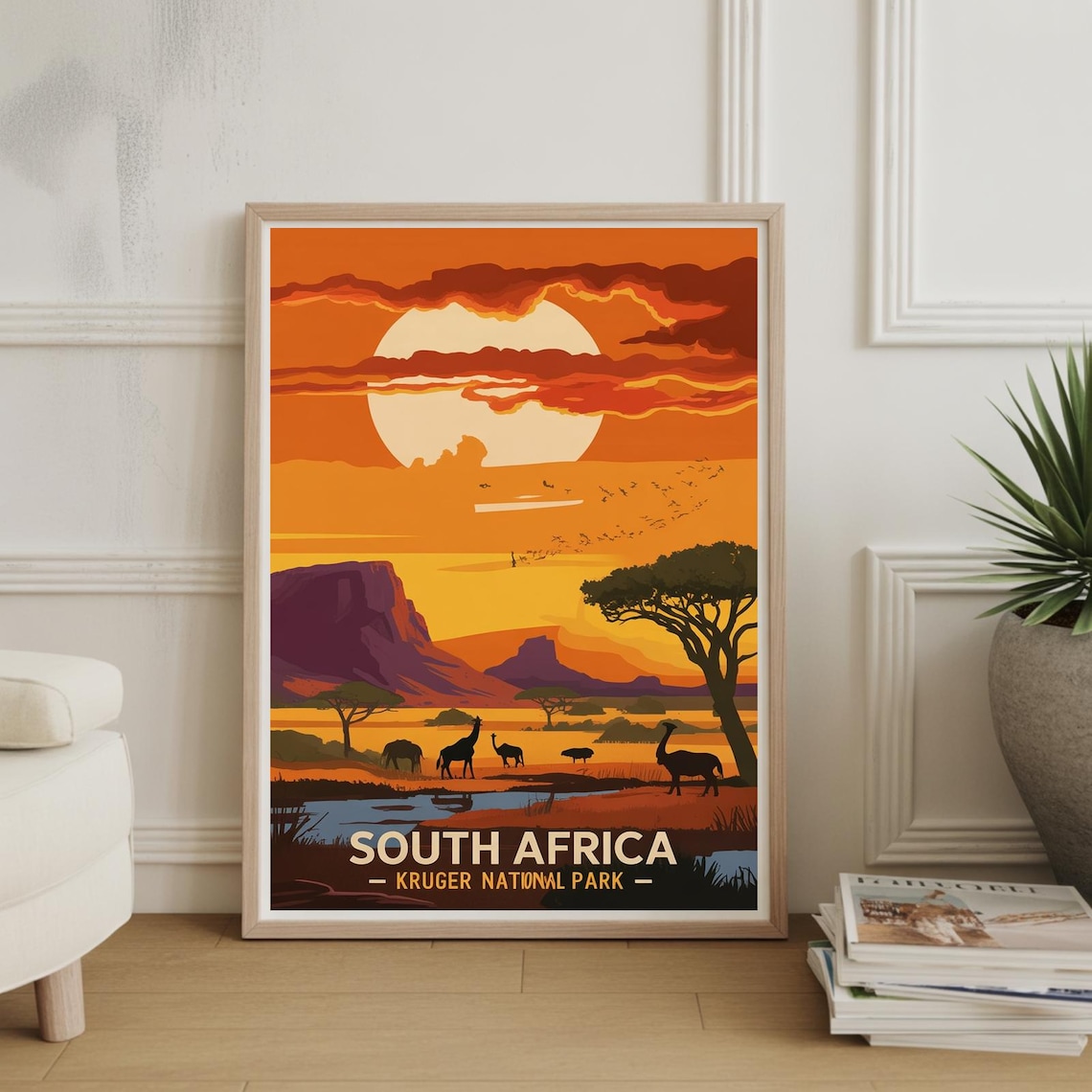 South Africa Kruger National Park Safari Poster Sunset Wildlife Vintage Art