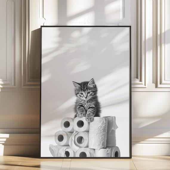 Cute Cat Bathroom Wall Art Funny Poster Bath Print Restroom Decor Toilet