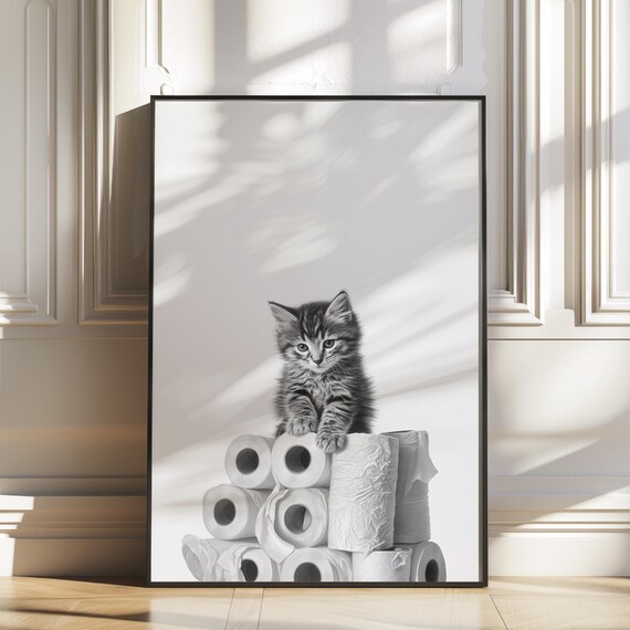 Kitten On Toilet Paper Rolls Funny Bathroom Cat Photo Poster