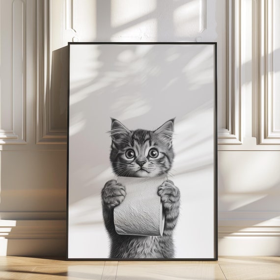 Cute Cat Bathroom Wall Art, Funny Bath Poster