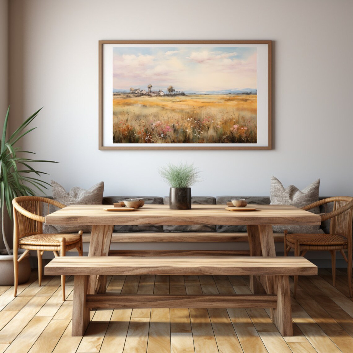 Golden Wildflower Field at Sunrise with Distant Farmhouse Poster - Image 2