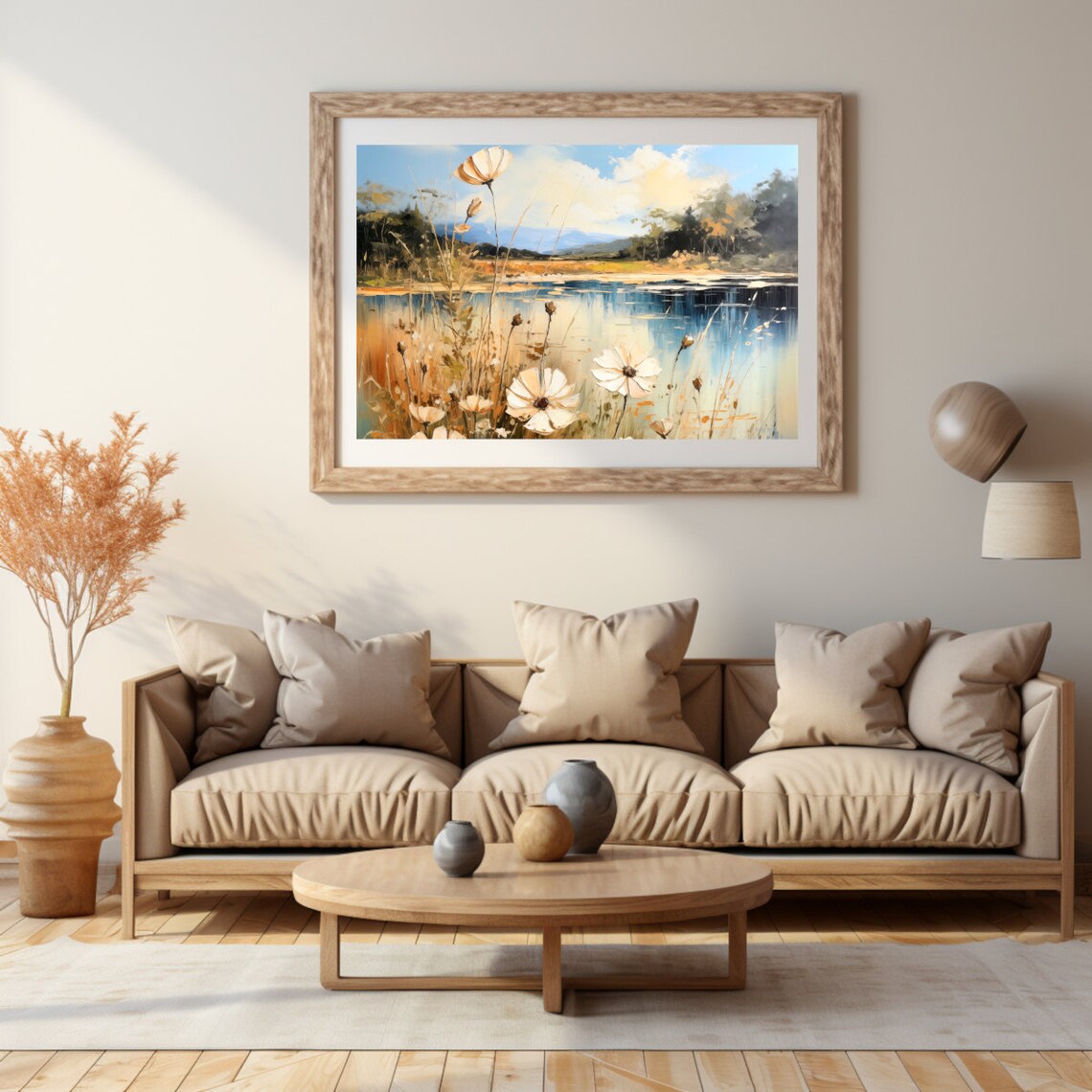 White Cosmos Flowers by the Lake with Mountains Landscape Poster - Image 2