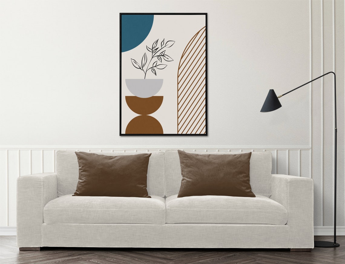 Mid Century Botanical Potted Plant Teal Brown Abstract Wall Poster - Image 3