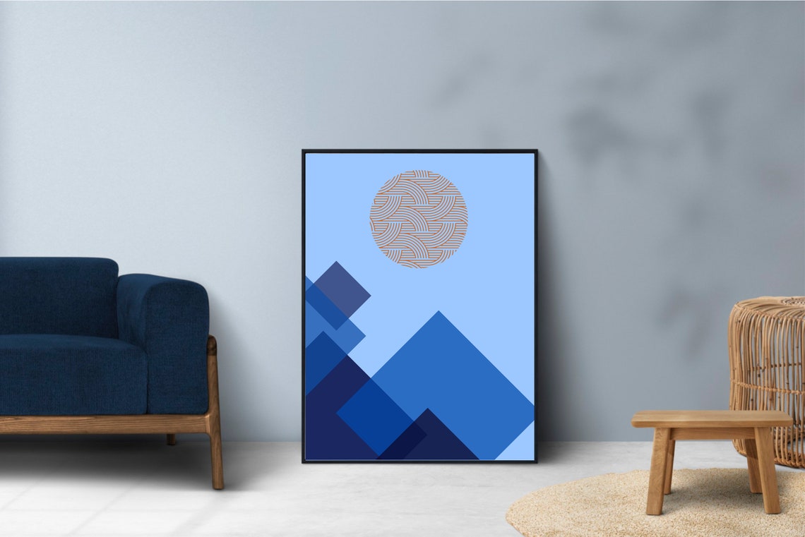 Landscape Geometric Wall Art Blues Abstract Minimalist Print Abstract Mountain And Sun Print - Image 3