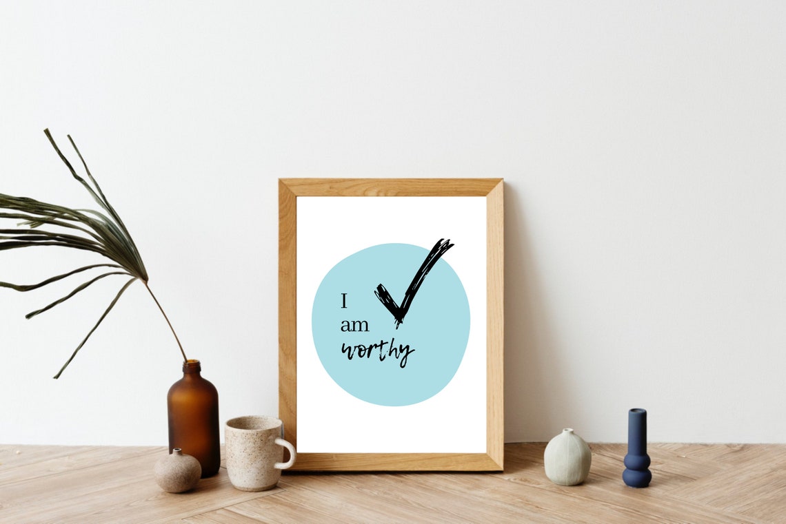 I Am Worthy Checkmark Quote Blue Circle Motivational Wall Poster - Image 3