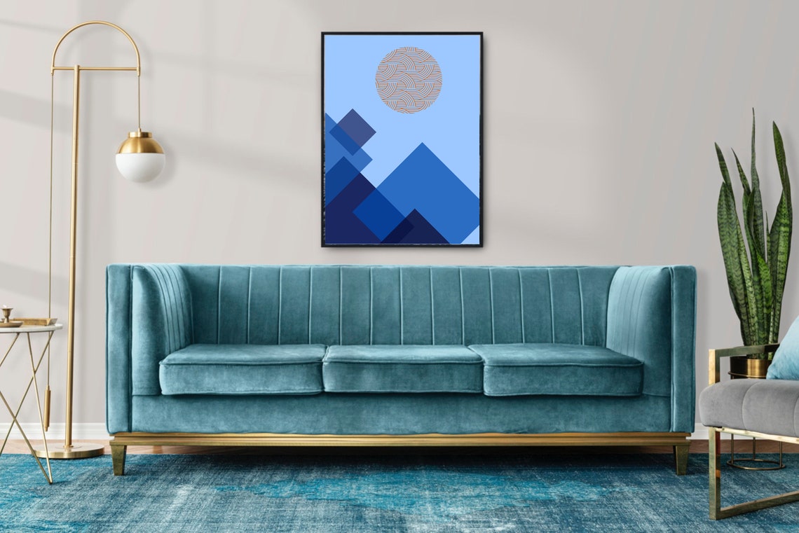 Landscape Geometric Wall Art Blues Abstract Minimalist Print Abstract Mountain And Sun Print