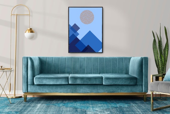 Landscape Geometric Wall Art Blues Abstract Minimalist Print Abstract Mountain And Sun Print