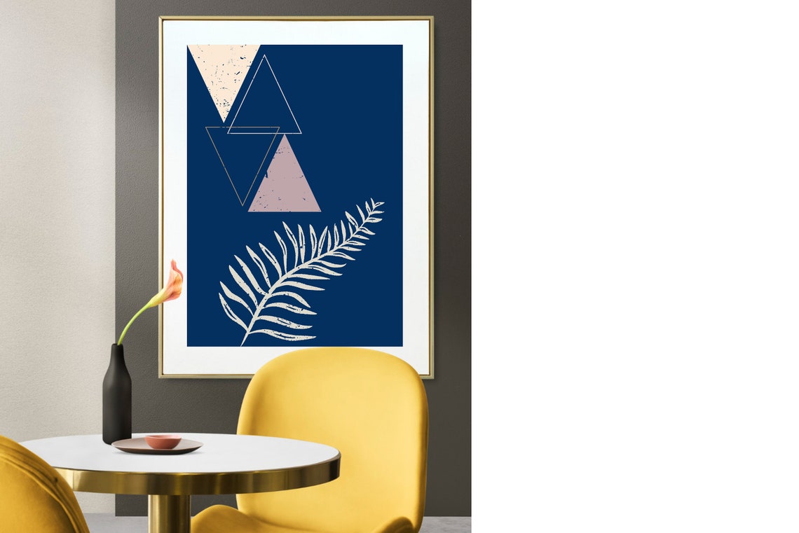 Navy Blue Geometric Triangles White Fern Mid Century Modern Art Print - Image 3
