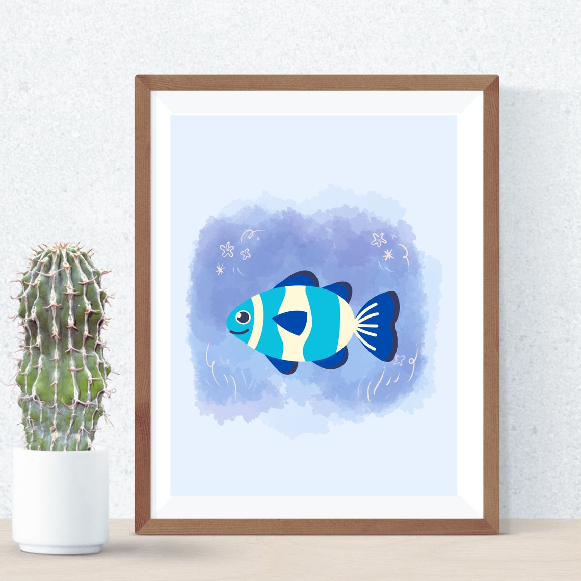 Cute Blue Striped Fish Cartoon Kids Room Nursery Ocean Animal Poster