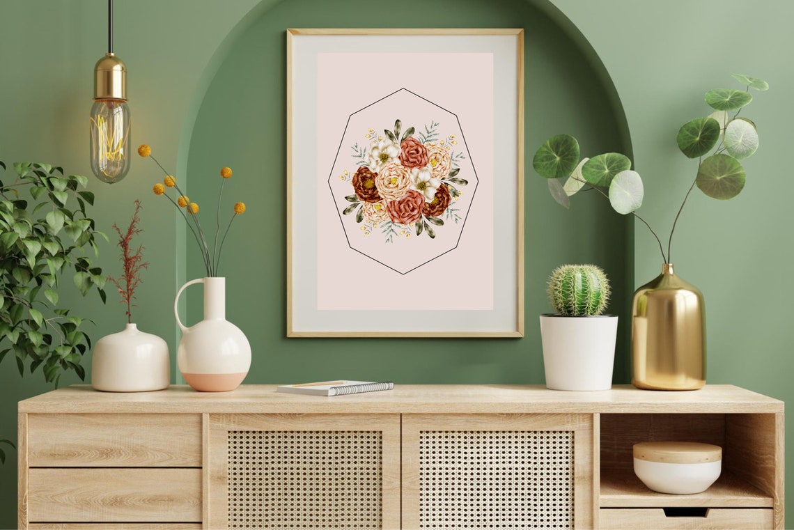 Terracotta Roses Bouquet Vintage Botanical Geometric Frame Art Poster - Image 3