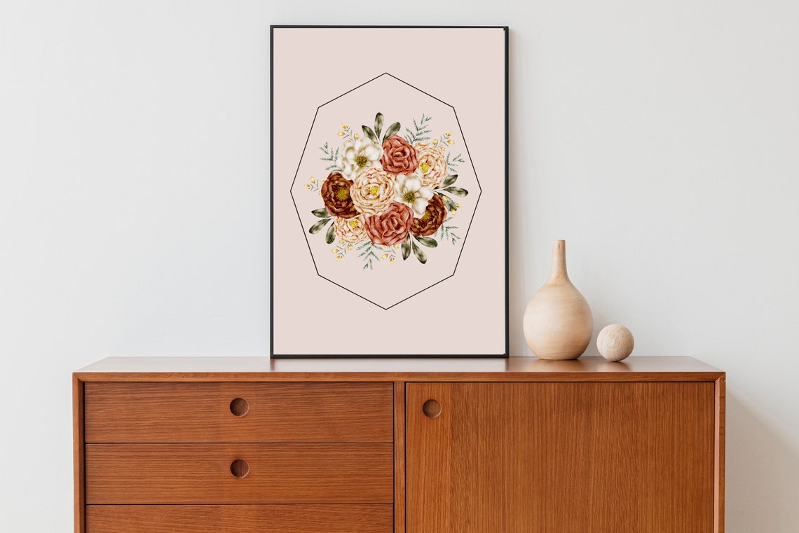 Terracotta Roses Bouquet Vintage Botanical Geometric Frame Art Poster