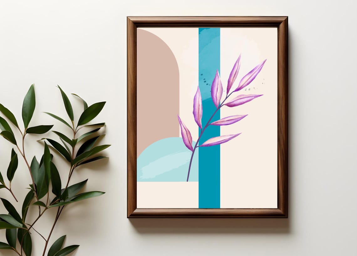 Turquoise Beige Abstract Botanical Leaf Minimalist Modern Art Poster - Image 3