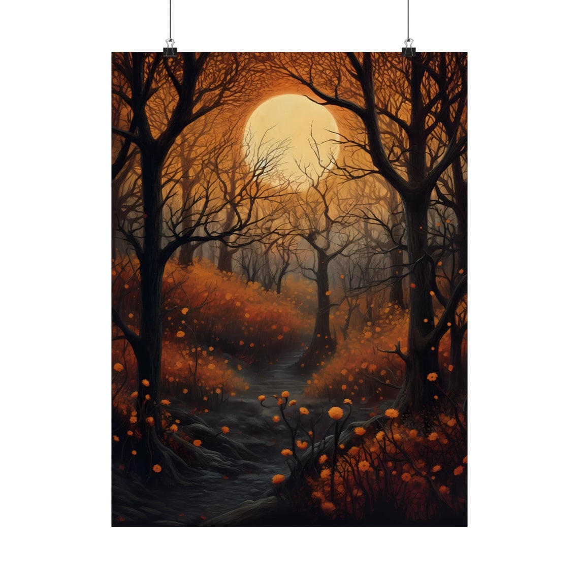 Autumn Moonlit Forest Stream Glowing Moody Fall Landscape Wall Art