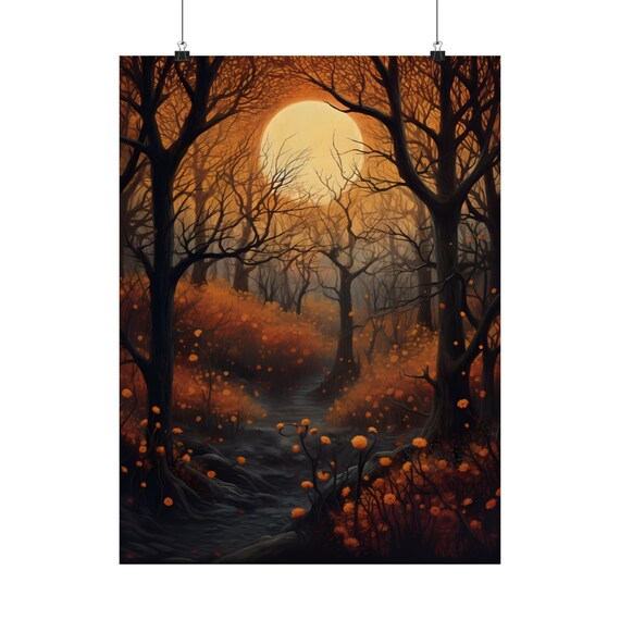 Autumn Moonlit Forest Stream Glowing Moody Fall Landscape Wall Art