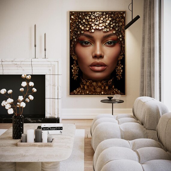 Glamorous Woman Gold Coin Headdress Green Eyes Beauty Art Print