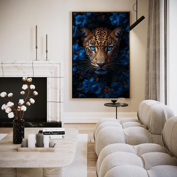 Spotted Panther Among Blue Blossoms Vivid Wildlife Art Print