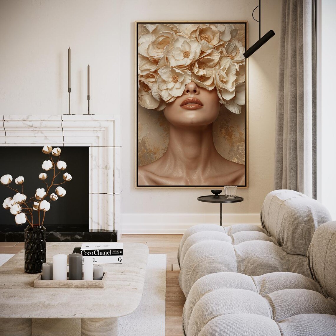 Woman with Cream Flower Crown Surreal Floral Beauty Portrait Poster