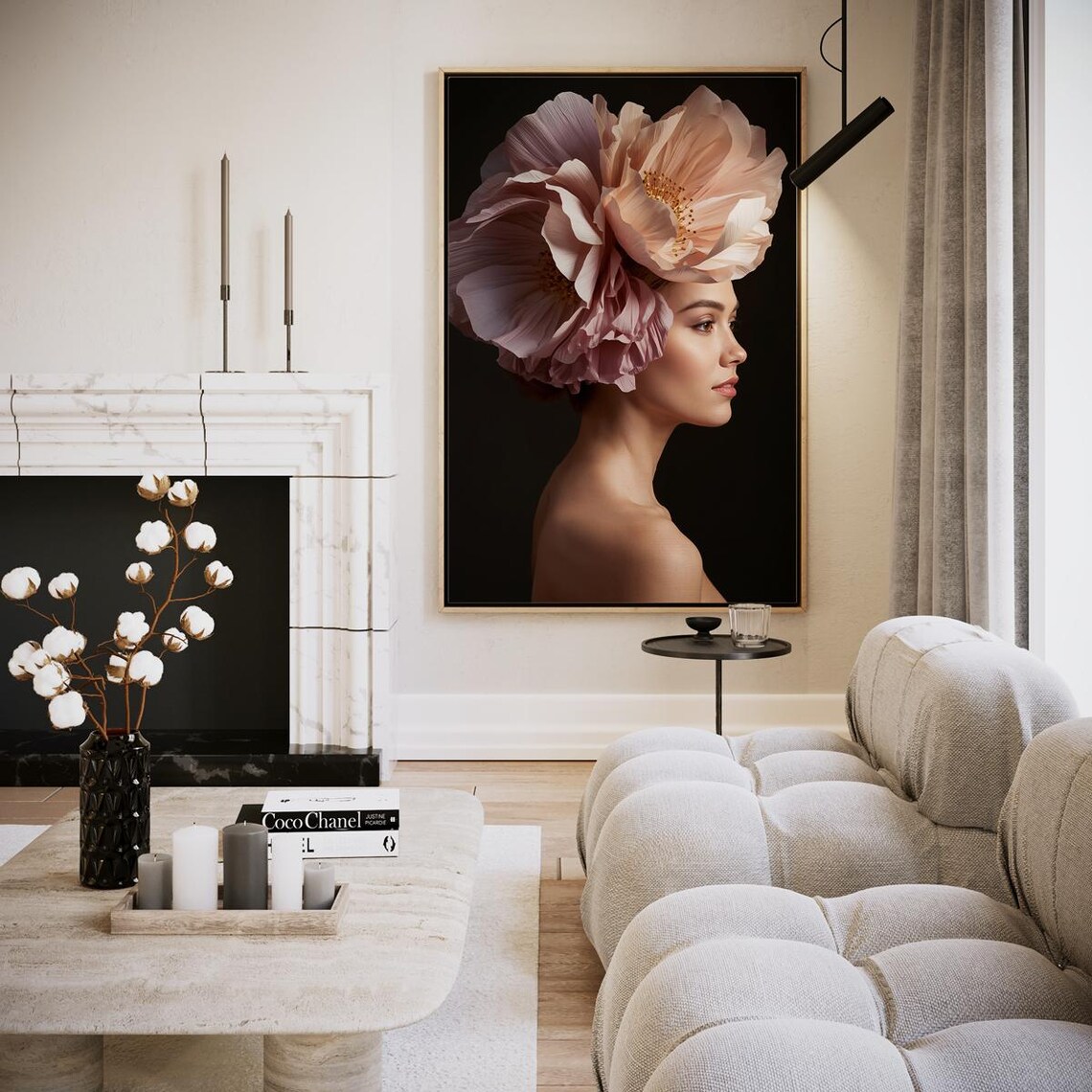 Pink Flower Headpiece Woman Side Profile On Black Art Poster