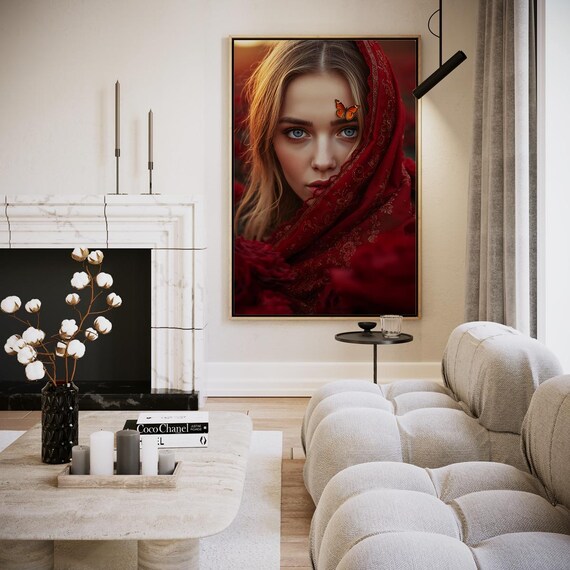 Dramatic Woman in Red Headscarf with Butterfly Portrait Wall Art