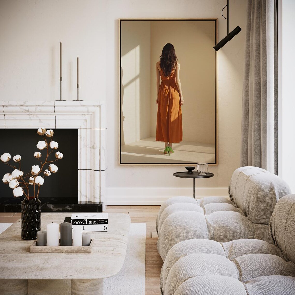 Woman Orange Dress Sunlit Minimal Interior Fashion Art Poster