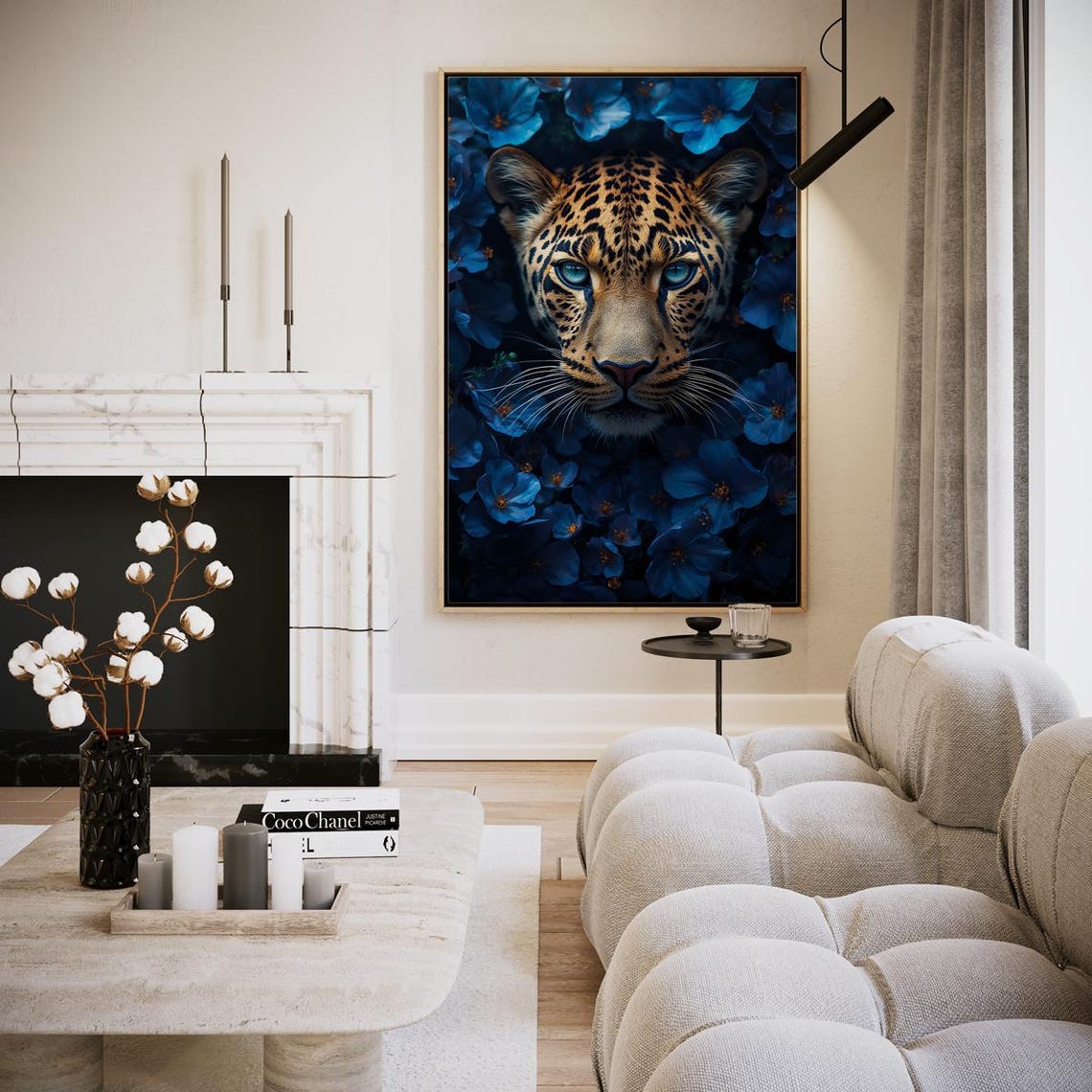 Jaguar Gaze In Blue Flower Sea Vivid Dramatic Wildlife Art Print
