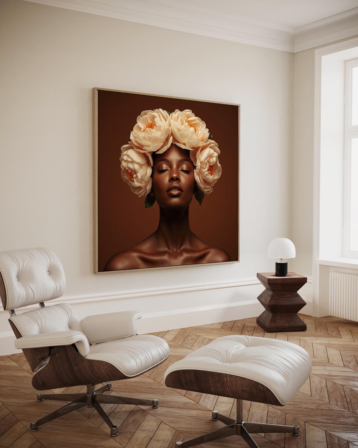 Woman Eyes Closed Beige Peony Flower Crown Style Art Decor Poster