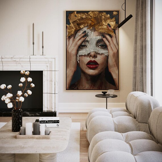 Gilded Mystery Woman Gold Leaf Newspaper Face Surreal Art Poster